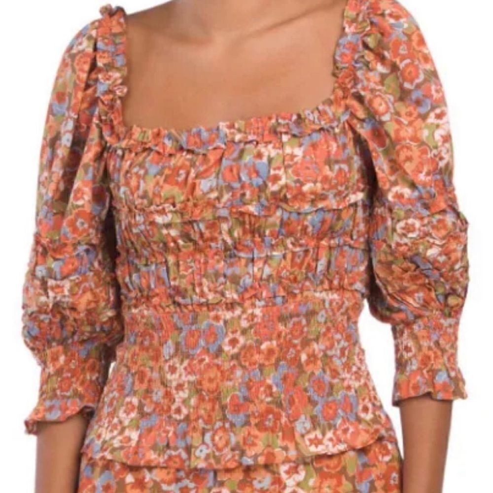 House of Harlow 1960 Charisma Orange Floral Puff Sleeve Smocked Top Sz L